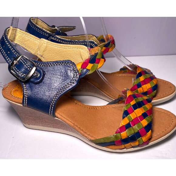 Womens Multicolor Woven Leather Ankle Strap Wedge Sandals Sz 4 Boho Indie Mexico - Picture 7 of 9